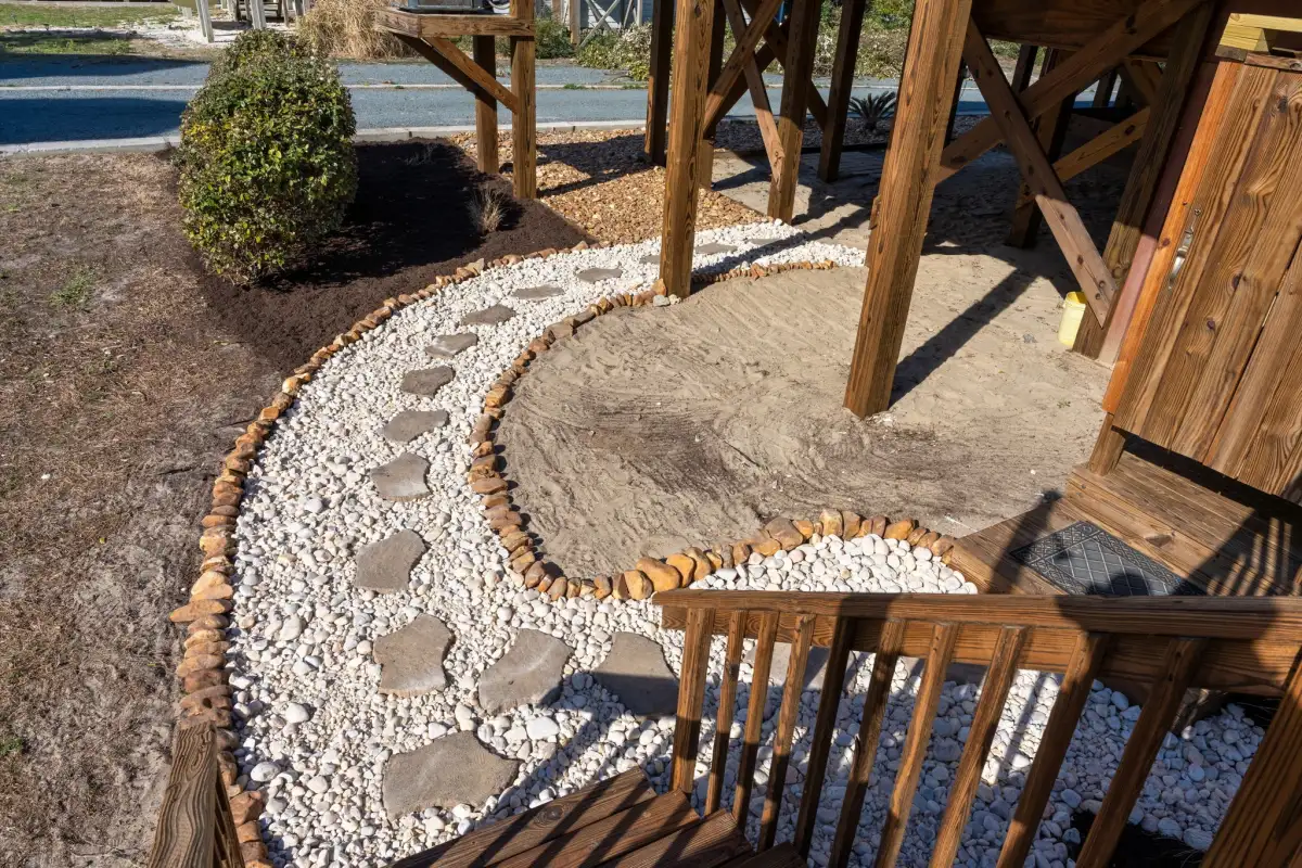 Landscape drainage installation with grading and drainage pipe in coastal NC property