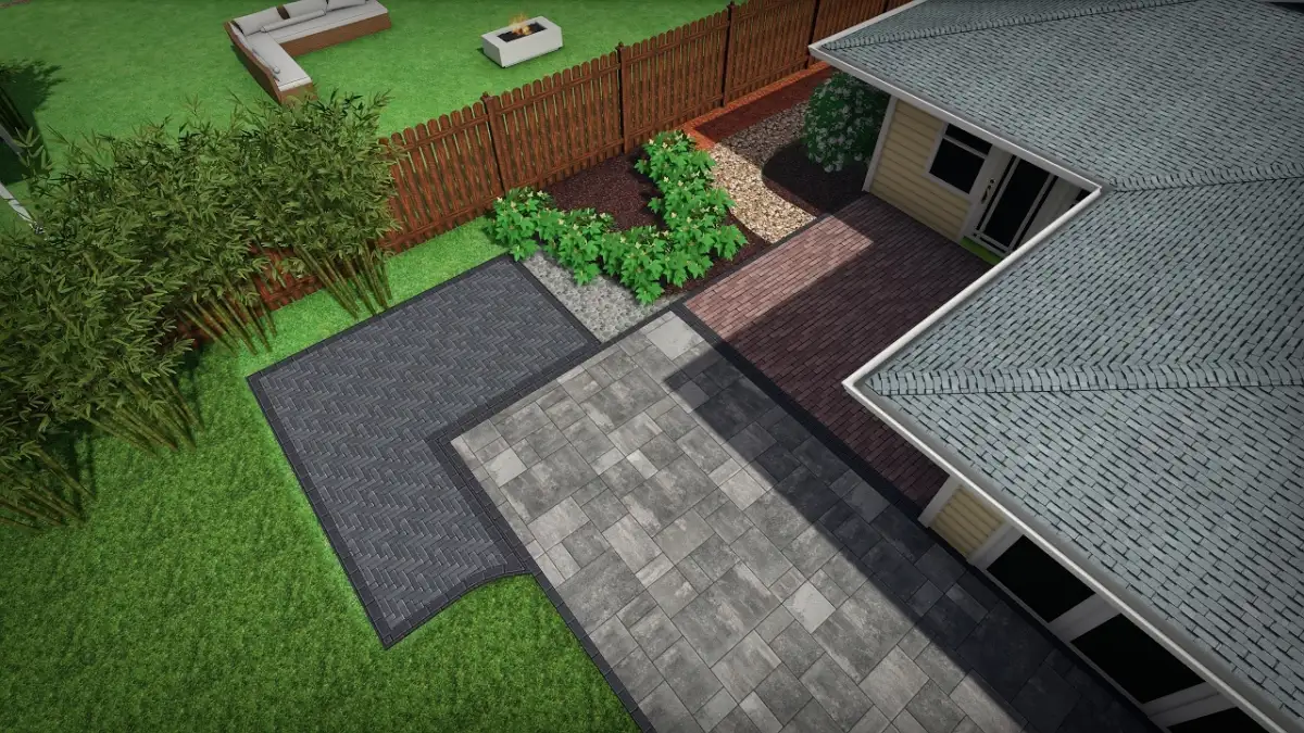 3D design render of outdoor living space with patio, kitchen, and fire pit