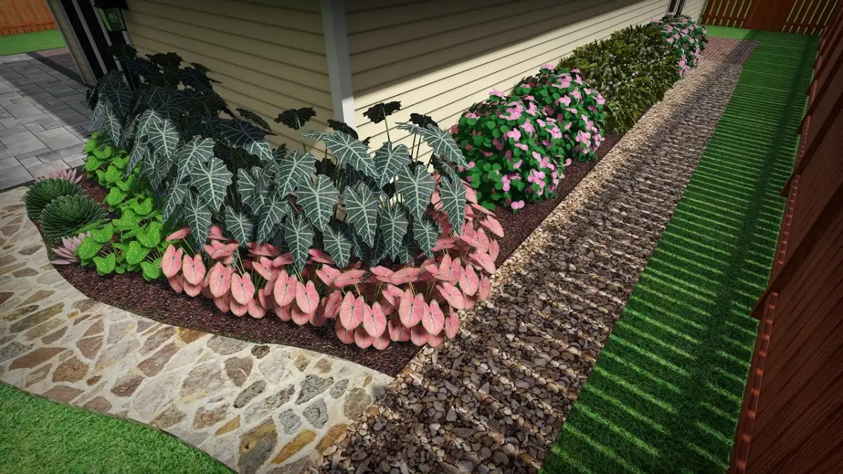 3D landscape design render of a coastal NC backyard with patio and fire feature
