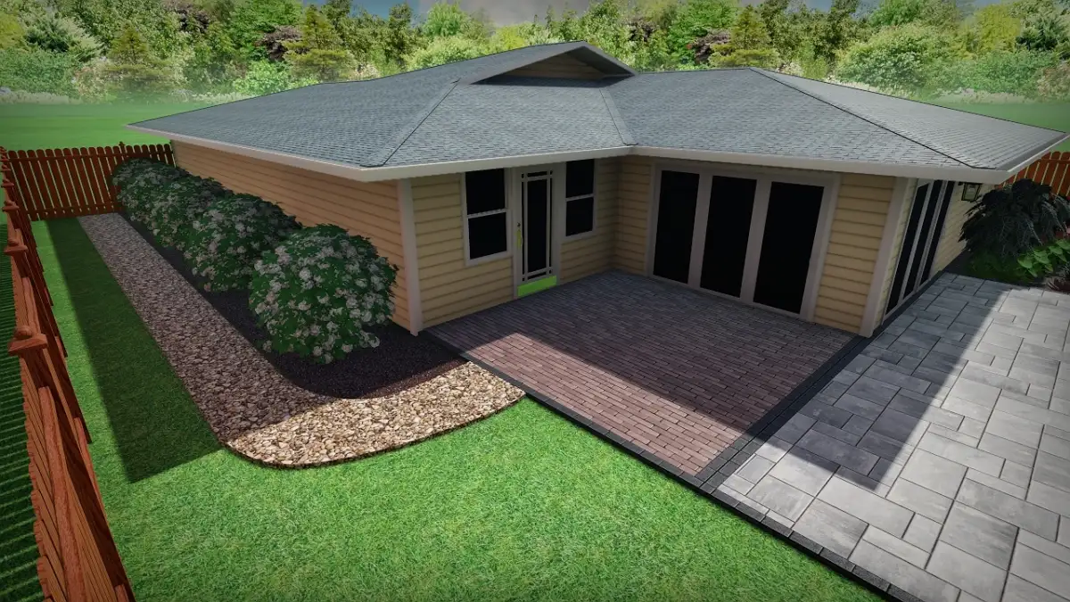 3D rendering of luxury outdoor living design for Hampstead NC home with paver patio and fire feature